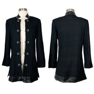 NEW Ming Wang | Black Faux Leather Trim Long Sleeve Knit Tunic Sweater Jacket XS